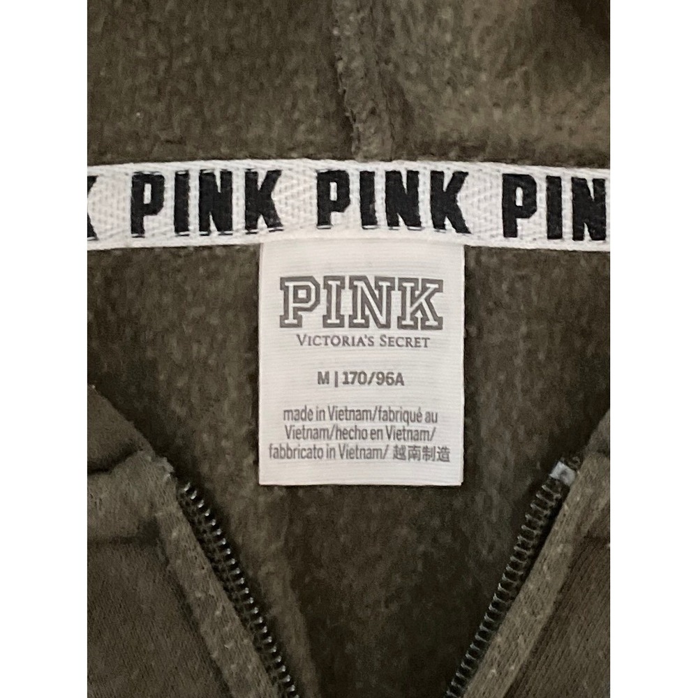 Victoria's Secret PINK Olive Green Sequin Logo Sleeves Full Zip Hoodie Size M - Picture 7 of 8